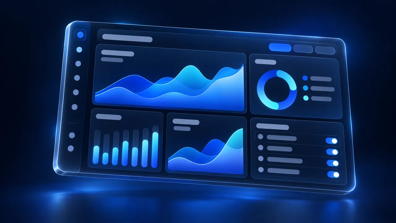 Concept illustration of an AI marketing and revenue dashboard: glass panels with abstract charts, an approval queue and autonomy toggles